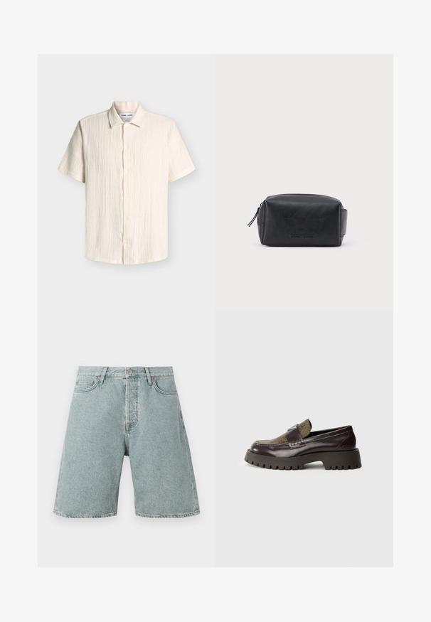 Herenoverhemd met korte mouwen en knopen, gemaakt van gebroken wit structuurtstof met een zachte kraag, getoond op een lichtgrijze achtergrond.; Lichtblauwe denim shorts met een relaxed fit, vijf zakken en een knoopsluiting. Verweerde textuur met zichtbare stikdetails.; Donkerbruine leren instappers met een bovenwerk van geprint textiel, een stevige loopzool en een decoratieve band. Voorzien van een geperst merkembleem aan de zijkant.; Zwarte rechthoekige leren toilettas met rits en geperst merkembleem aan de voorkant, geplaatst tegen een effen witte achtergrond.