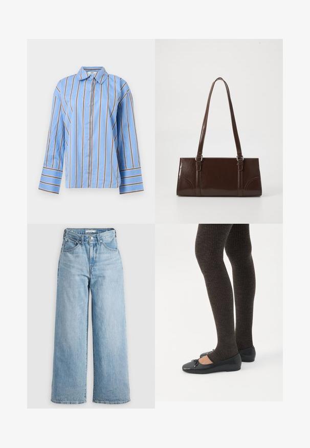 Camisa azul clara abotonada con rayas verticales blancas y marrones, mangas largas y cuello ancho.; Vaqueros de pierna ancha de color azul claro con una cintura alta, confeccionados en tejido de denimbre. Presentan un diseño clásico de cinco bolsillos y herrajes metálicos.; Piernas con leggings oscuros acanalados combinados con bailarinas negras que presentan pequeños detalles de lazo sobre un fondo blanco.; Bolso de mano de piel sintética marrón con forma rectangular, dos asas largas y sutiles acentos curvados en la parte delantera.