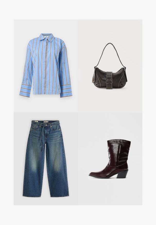 Lyseblå skjorte med knapper, med lodrette hvide og brune striber, lange ærmer og en bred krave.; Denim brede benjeans i mørkeblå med en falmet finish, der har en snørebåndsvidde og fem lomme-design.; Bordeaux læder ankelstøvler med spids tå, tekstureret overflade og en lav, taperet hæl. Har diskrete søm og en tætsiddende pasform.; Sort læder skuldertaske med spænde på remmen, afrundede kanter og kontrasterende hvide syninger på en ensfarvet baggrund.