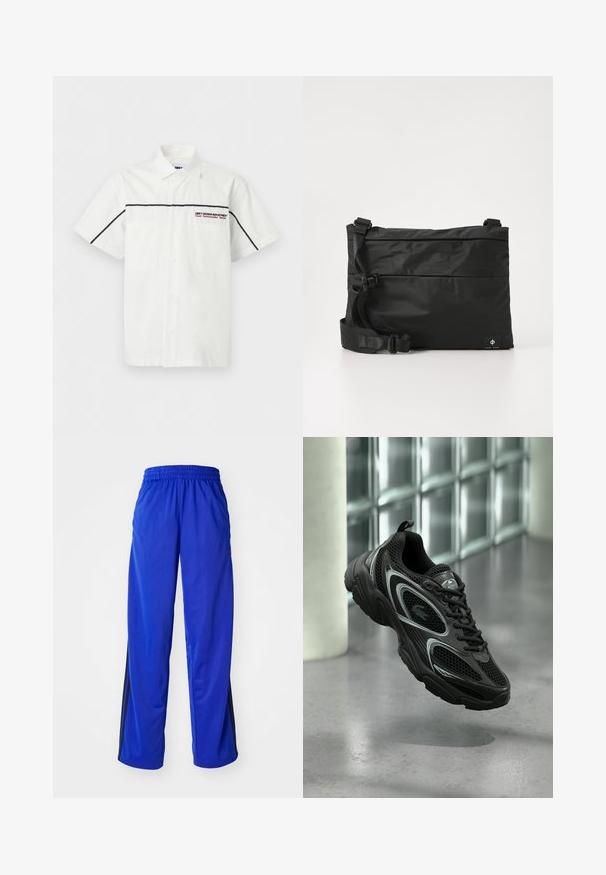 Hvid kortærmet skjorte med knapper, sorte vandrette linjer på ærmerne, to forlommer og teksten "OBEY Design Industries" på brystet.; Blå sportsbukser med elastisk talje, med sidelister i sort, løstsiddende pasform og glat tekstur.; Sort atletiksko med mesh og syntetisk materiale, der har en tekstureret sål, slankt design, sølvdetaljer og snørebånd foran.; Sort nylon messenger-taske med justerbar rem, fladt design og et sideetiket med et logo. Glat tekstur og minimalistisk stil.