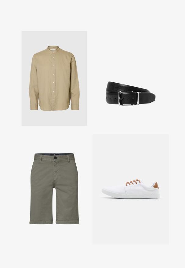 Beige Langarmhemd mit Stehkragen und Knopfleiste vorne, dargestellt vor schlichtem hellgrauem Hintergrund.; Khakishorts aus einem glatten Baumwollmischmaterial, mit einem Reißverschluss, einem Knopfverschluss und Fronttaschen. Gerades Bein Design, knielanger Schnitt.; Weiße Leinenschuhe mit braunen Akzenten, flachen Schnürsenkeln, niedriger Silhouette und einer strukturierten Gummisohle.; Schwarzer, strukturiert genarbter Ledergürtel, zusammengerollt mit einer silbernen rechteckigen Schnalle und Gürtelöse auf weißem Hintergrund.