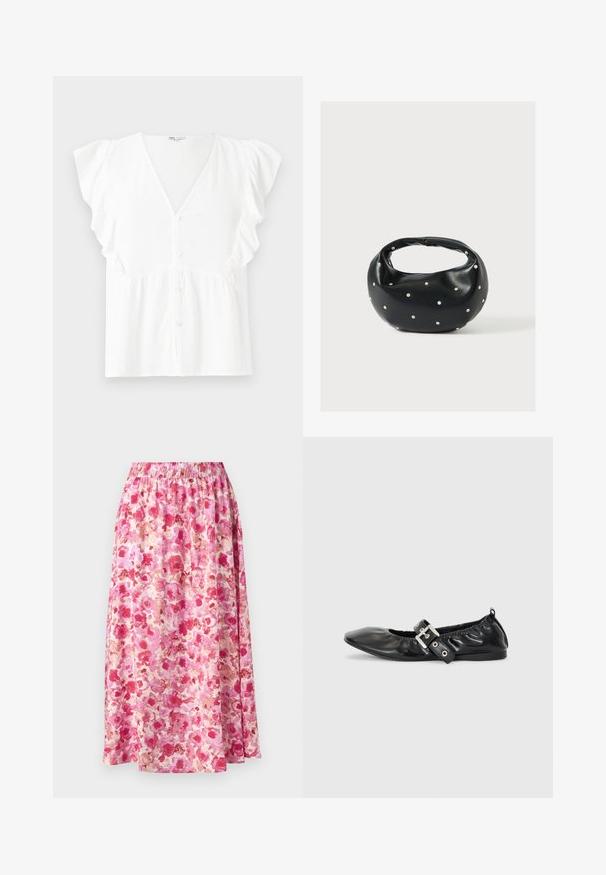 Weißes Kurzarmbluse mit V-Ausschnitt, Knopfverschluss, Rüschensleeves und gerafftem Stoffdetail an der Taille. Weiches, leichtes Material.; Blumen Maxi-Rock mit gerafftem Taillenbund. Verfügt über ein leuchtend pink- und cremfarbenes Blumenmuster auf leichtem Stoff.; Schwarze Leder-Ballerinas mit spitzem Zehenbereich, gerafften Details am Schaft und einem silbernen Schnallenakzent am verstellbaren Riemen.; Schwarze Lederhandtasche mit abgerundeter Form, verziert mit silbernen Nietenakzenten und kurzem Griff. Glatte Struktur und Reißverschlussverschluss.