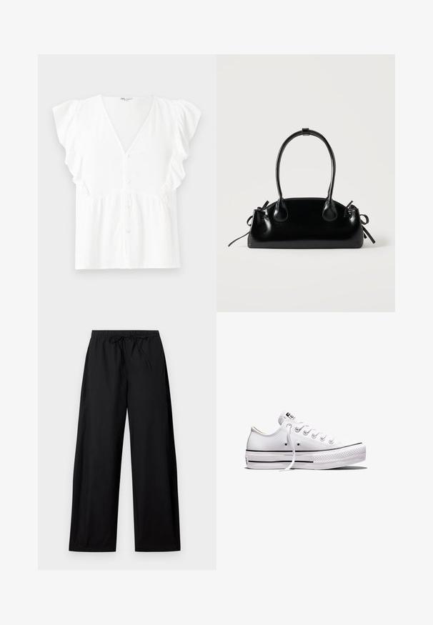Blouse blanche à manches courtes, décolleté en V, fermeture à boutons, manches volantes et détail de tissu froncé à la taille. Matériau doux et léger.; Pantalons larges noirs avec une taille élastique et un cordon de serrage. Fabriqués en tissu léger, présentant une texture lisse et un design simple.; Baskets basses en toile blanche avec lacets blancs, semelle en caoutchouc, détails à rayures noires, et écusson logo sur la languette et le talon.; Petit sac à main noir brillant avec deux longues anses et des détails à cordon sur les côtés sur un fond clair uni.