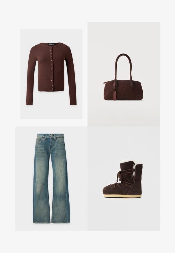 Cardigan court marron à manches longues avec un col rond et une rangée verticale de boutons pression argentés sur le devant.; Jean en denim bleu à lavage délavé, taille haute, jambes larges, bouton et fermeture éclair devant, cinq poches, présenté sur un fond uni.; Botte en suede marron avec un dessus en fausse fourrure blanche, des liens en dentelle et une semelle en caoutchouc beige. Le côté présente le texte "MOON BOOT."; Sac à main en daim marron foncé avec deux longues anses et une petite étiquette attachée, sur un fond clair uni.