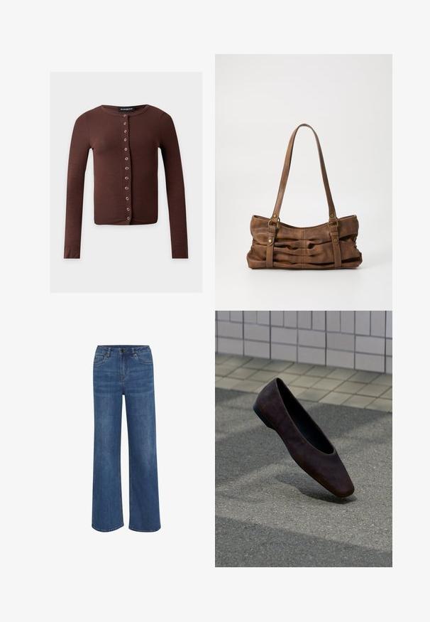 Brun langærmet cropped cardigan med rund halsudskæring og en lodret række af sølvfarvede trykknapper foran.; Bredde jeans lavet af medium blå denim. Har en knap- og lynlåslukning, fem lommer og subtil falmning på stoffet.; Enkelt mørkebrun flad sko svævende over tekstureret jord med baggrund af flisebelagt væg.; Even&Odd by Zalando Håndtasker - brown