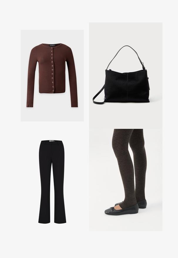 Brun langærmet cropped cardigan med rund halsudskæring og en lodret række af sølvfarvede trykknapper foran.; Sorte flared bukser lavet af et glat stof, med en tætsiddende talje og et enkelt frontdesign uden lommer.; Ben iført mørke ribbede leggings kombineret med sorte balletsko med små sløjfedetaljer på hvid baggrund.; Sort skuldertaske med en glat, tekstureret overflade, prydet med en enkelt rem og en lynlåslukning øverst. Kompakt rektangulær form.