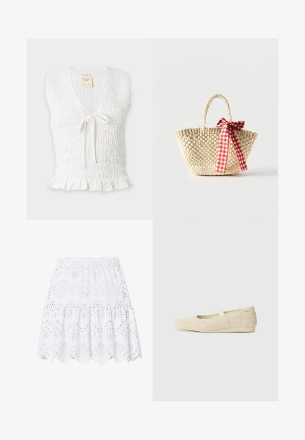 Blouse blanche sans manches à smocks, col en V, lien à l’avant, ourlet volanté et tissu texturé, présentée sur fond uni.; Jupe courte blanche à volants avec taille élastique, broderie anglaise et ourlet festonné décoré de motifs floraux.; Ballerines beiges avec une exterior en cuir lisse, un bout en forme d'amande et une sangle élastique sur le coup de pied, avec des détails de couture subtils.; Sac cabas en paille tissée avec des poignées tressées et un ruban à carreaux rouge et blanc noué en un nœud d'un côté.