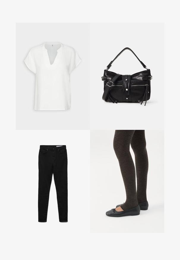 Witte korte mouwtop met een V-hals, gemaakt van textuurstof, met een ontspannen pasvorm en subtiele stiksels.; Zwarte denim jeans met een slanke pasvorm, voorzien van een taille op middenhoogte, vijf zakken, metalen knoopsluiting en subtiele stiksel-details.; Benen met donkere geribbelde leggings gecombineerd met zwarte ballerina's met kleine strikdetails op een witte achtergrond.; Even&Odd H24462 - Handtas - black