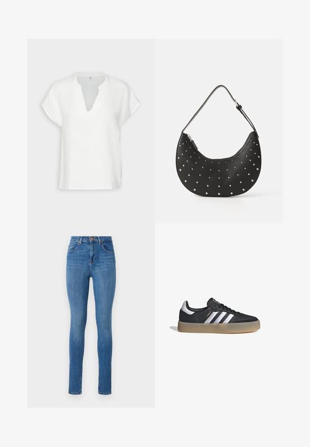 Top blanco de manga corta con escote en V, confeccionado en tejido texturizado, con un corte relajado y detalles sutiles de costura.; Jeans ajustados en denim azul medio, con una cintura alta, diseño clásico de cinco bolsillos, ligero desgaste y una textura suave.; Zapatilla deportiva de cuero negro con tres rayas plateadas, punta texturizada y suela de goma. Cuenta con un collar acolchado y un diseño con cordones.; Bolso de mano de cuero negro con forma curva, adornado con tachuelas plateadas, cuenta con cierre de cremallera y una sola correa ajustable.