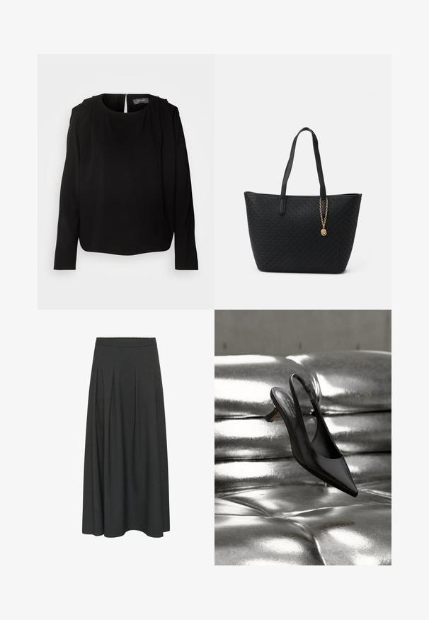 Blouse noire à manches longues avec un col rond et des accents plissés aux épaules. Dotée d'une fermeture éclair dissimulée au dos et d'un tissu doux et lisse.; Jupe longue gris foncé en A avec une taille ajustée et des plis subtils s'étendant de la taille à l'ourlet.; Chaussure slingback noire à bout pointu avec une finition en cuir brillant, dotée d'un petit talon bloc et d'une fine sangle à la cheville, suspendue au-dessus d'une surface métallique.; Sac fourre-tout noir avec un motif texturé, deux longues poignées et un accent en chaîne dorée avec un pendentif attaché. Fabriqué en matériau durable.