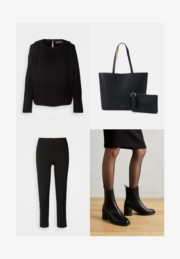 Blouse noire à manches longues avec un col rond et des accents plissés aux épaules. Dotée d'une fermeture éclair dissimulée au dos et d'un tissu doux et lisse.; Pantalons noirs ajustés avec une coupe slim, devant plat et sans poches visibles, offrant une texture lisse et une finition soignée au bas.; Anna Field by Zalando Bottines - black; Sac fourre-tout noir avec un matériau texturé, deux longues anses et une pochette zippée amovible avec un détail de pompon. Logo de la marque en orvisible.