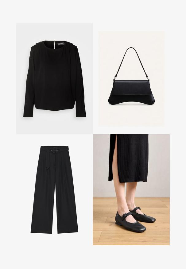 Blusa negra de manga larga con cuello redondo y acentos de hombros plisados. Presenta una cremallera oculta en la parte posterior y una tela suave y lisa.; Pantalones negros de pierna ancha hechos de una tela suave, con cintura alta, un cinturón con hebilla cuadrada y pliegues frontales para añadir textura.; Bailarinas negras de charol con un pequeño tacón, que presentan una punta redondeada y un detalle de hebilla lateral. El diseño texturizado realza su atractivo visual.; Bolso de cuero negro con fondo curvo, cierre de solapa y una sola correa fina para el hombro, sobre un fondo claro y liso.