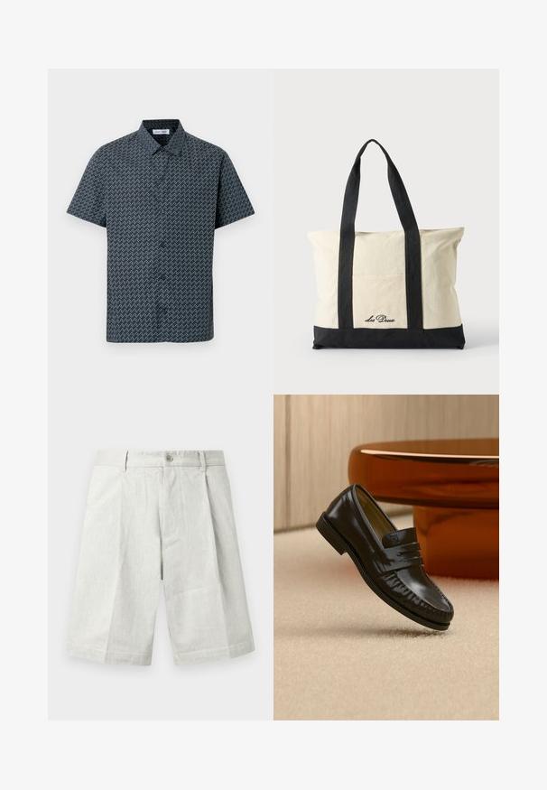 Chemise à manches courtes bleu marine avec un motif zigzag blanc. Elle dispose d'un col classique et d'une fermeture à boutons sur le devant. Tissu avec une texture lisse.; Shorts gris clair en tissu texturé, dotés d'une fermeture à bouton, de plis et d'une coupe droite, adaptés à une tenue décontractée.; Mocassin en cuir noir brillant avec un détail de bride, posé sur un tapis beige près d'une table basse ronde en bois brun dans une pièce doucement éclairée.; Sac fourre-tout en toile avec longues anses noires, bordure noire en bas et poche avant avec logo "Les Deux" en écriture noire.