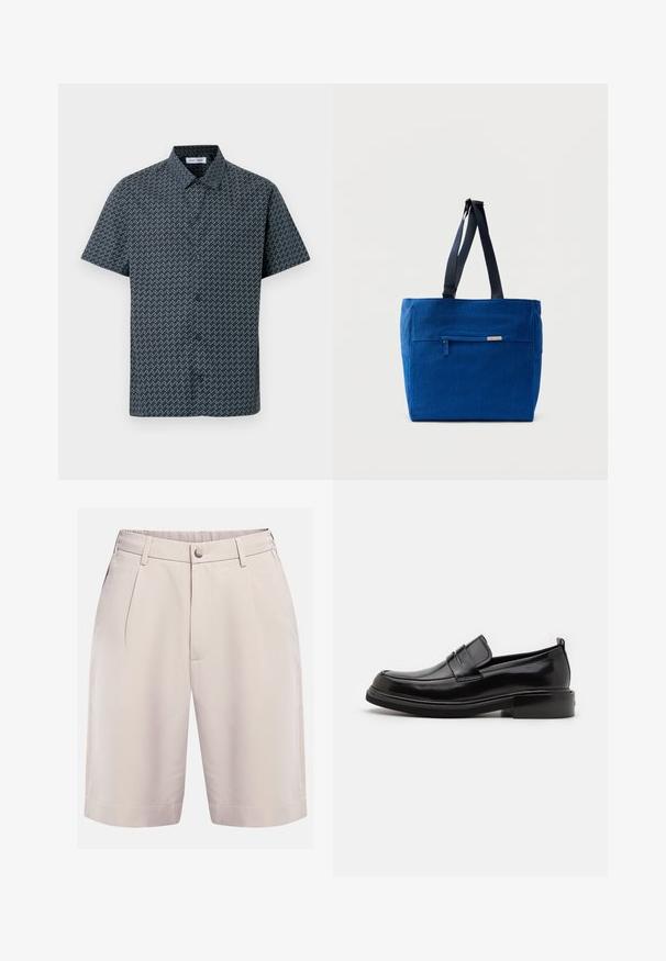 Chemise à manches courtes bleu marine avec un motif zigzag blanc. Elle dispose d'un col classique et d'une fermeture à boutons sur le devant. Tissu avec une texture lisse.; Shorts beiges ajustés avec plis sur le devant, passants pour ceinture, poches latérales, fermeture à boutons et ourlet droit.; Calvin Klein MOCCASIN - Mocassins de ville - black; Sac fourre-tout en toile bleue avec une poche zippée à l'avant, des doubles bretelles et une forme rectangulaire. Dispose d'une étiquette de marque discrète.
