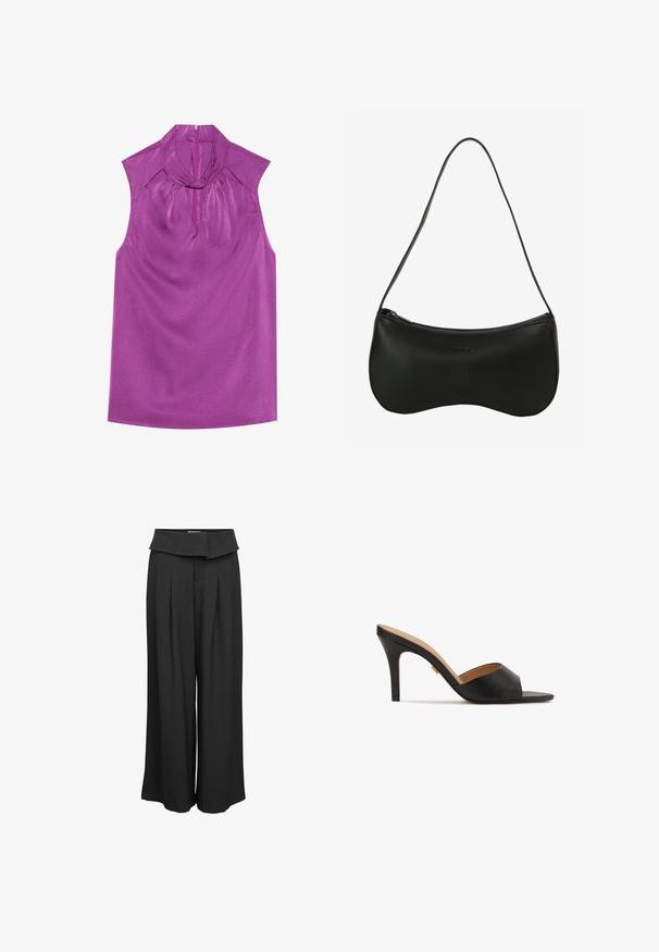 Blusa morada sin mangas con cuello alto y abertura en forma de llave, confeccionada en un tejido suave y brillante, que presenta un sutil drapeado y un cierre invisible en la parte posterior.; Pantalones negros de talle alto y pata ancha con cinturilla doblada y pliegues frontales, mostrados sobre un fondo blanco liso.; Zapatillas de tacón alto abiertas en la parte delantera, de color negro, con un upper de cuero suave, punta almendrada y un elegante tacón de aguja. Detalle decorativo en tono dorado visible.; Bolso de hombro de cuero negro con forma curva, cierre de cremallera y una sola correa delgada; textura lisa y detalle sutil con logotipo en relieve.