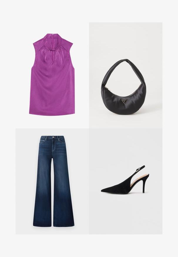 Violetti ilmanhiha blouse korkealla kauluksella ja avoventtiilillä, joka on valmistettu sileästä, kiiltävästä kankaasta. Siinä on hienovarainen laskostus ja näkymätön takavetoketju.; Tummansiniset leveälahkeiset farkut korkealla vyötäröllä, valmistettu deniinistä, jossa on hieno haalistuminen, etutaskut ja klassinen napitus.; Musta mokkanahkainen slingback-kiiltonahkakenkä terävällä kärjellä ja ohuella korkealla korolla valkoisella taustalla.; Musta satiinilaukku, jossa on kaareva muoto, varustettuna vetoketjulla ja etuosassa metallinen kolmiomainen logo. Sujuva pinta ja tyylikäs muotoilu.
