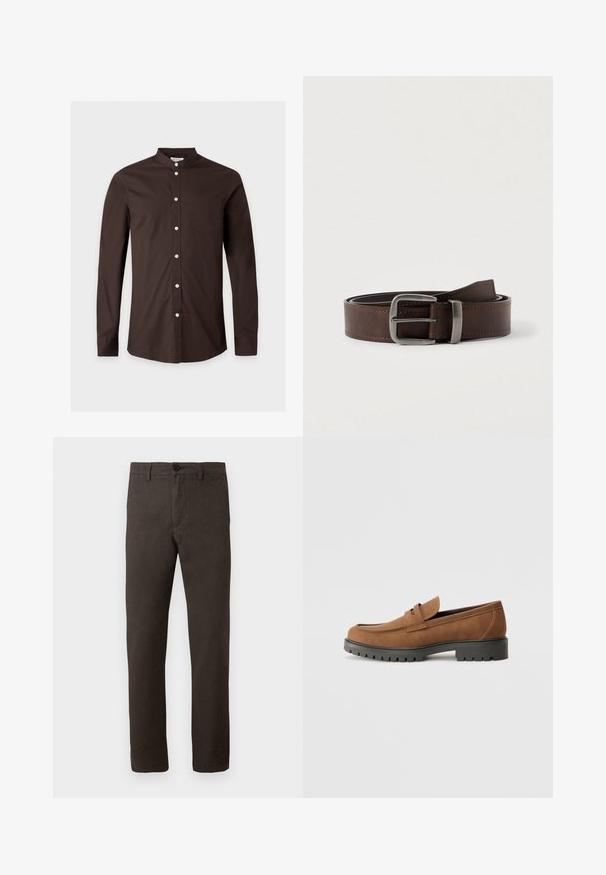 Chemise marron foncé à manches longues avec col mandarin, boutons à l'avant et une poche poitrine sur le côté gauche, présentée sur fond blanc.; Pantalons bruns en tissu texturé, avec une coupe droite, une fermeture à bouton unique et un style minimaliste.; Mocassins en daim marron avec un bout arrondi et une semelle noire en caoutchouc basse, présentant une sangle décorative et des détails de couture sur le dessus.; Ceinture en cuir marron foncé avec une boucle rectangulaire en argent, enroulée et placée sur un fond clair et neutre.