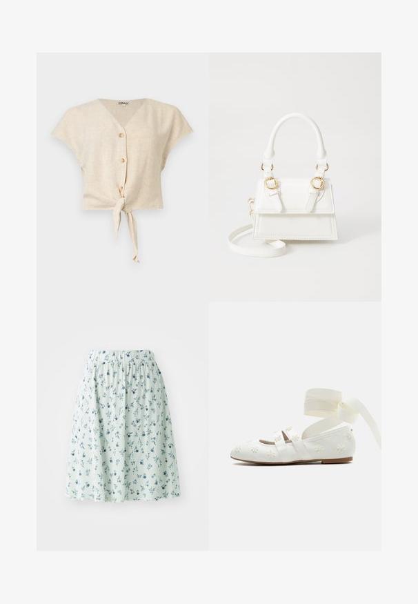 Blusa beige de manga corta con escote en V, tres botones en la parte delantera y un nudo delantero en el dobladillo.; Falda floral con cintura elástica, hecha de tela ligera. Presenta una base verde menta con pequeños patrones florales azules y blancos en toda la prenda.; Bailarina blanca con flores bordadas, doble tira sobre el pie y lazos largos de cinta en el tobillo sobre un fondo liso.; Bolso de mano de imitación cuero blanco con un diseño estructurado, acentos en hardware dorado, doble asa superior y una correa para el hombro ajustable.