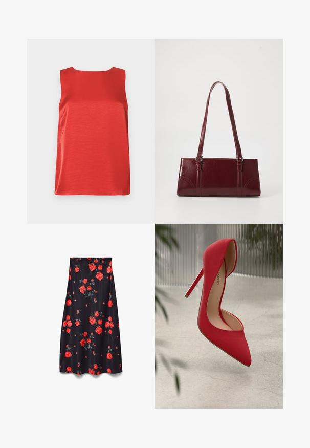 Rød ærmeløs top lavet af glat stof med en lige silhuet og rund halsudskæring. Har sidesømme for formgivning.; Sort nederdel med blomstermønster med store røde roser og grønne blade, lavet af et glat stof med et flydende design.; Rød højhælet sko med spids tå og glat ruskindsoverflade. Har en stiletto-hæl og en guldaccent ved hælens bund.; Bordeaux håndtaske lavet af glansfuldt materiale, rektangulær form, med to skulderremme og subtile buede detaljer på forsiden.