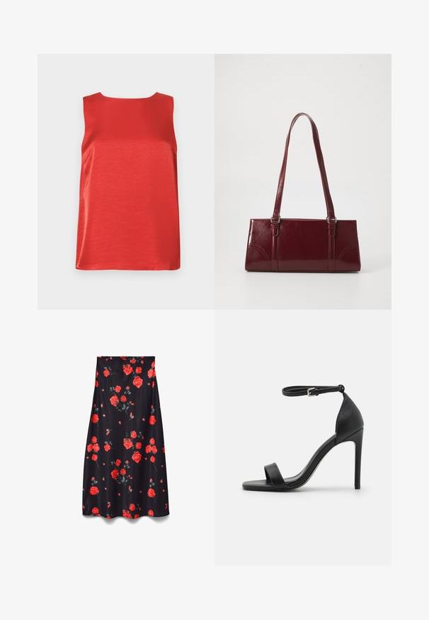 Rød ærmeløs top lavet af glat stof med en lige silhuet og rund halsudskæring. Har sidesømme for formgivning.; Sort nederdel med blomstermønster med store røde roser og grønne blade, lavet af et glat stof med et flydende design.; Sort højhælet sandal med et sleek design, der har en ankelrem, åben tå og glat lædertekstur.; Bordeaux håndtaske lavet af glansfuldt materiale, rektangulær form, med to skulderremme og subtile buede detaljer på forsiden.