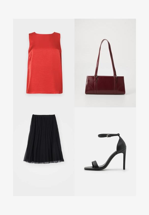 Top rojo sin mangas hecho de tela suave con una silueta recta y escote redondo. Presenta costuras laterales para dar forma.; Falda plisada negra de tela transparente, con cintura elástica. Su diseño fluido se extiende hasta la mitad de la pantorrilla, mostrando pliegues verticales.; Sandalia de tacón alto negra con un diseño elegante, que cuenta con una correa en el tobillo, punta abierta y una textura de cuero suave.; Bolso burdeos hecho de material brillante, de forma rectangular, con dos asas para el hombro y sutiles acentos curvados en la parte frontal.