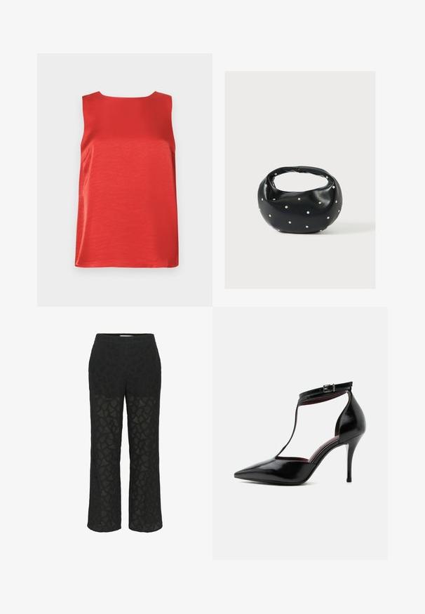 Haut rouge sans manches en tissu lisse, à silhouette droite et encolure ronde. Présente des coutures latérales pour un effet cintré.; Pantalons en dentelle noire avec un motif, des jambes larges, et une taille douce, avec des sections transparentes pour ajouter de la texture.; Chaussure à talon haut en cuir verni noir à bout pointu avec bride en T et fermeture à boucle autour de la cheville.; Sac à main en cuir noir de forme arrondie, décoré de clous argentés et équipé d'une poignée courte. Texture lisse et fermeture éclair.