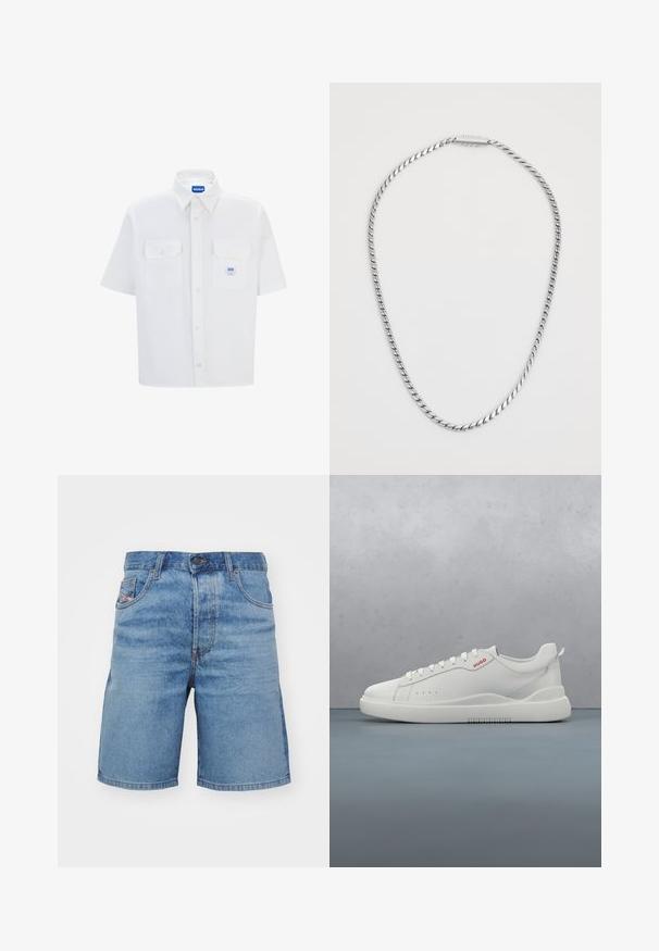 Camisa blanca de manga corta con cuello abotonado, dos bolsillos frontales y una etiqueta de logo azul. Fabricada en un tejido suave con un ajuste entallado.; Pantalones cortos de mezclilla azul claro con un corte clásico, ligero desvanecimiento, diseño de cinco bolsillos y costuras tono cobre. Presentan un cierre frontal con botón.; Zapatilla blanca con un acabado de cuero liso, punta redonda, cuatro ojales, perforaciones sutiles y un detalle de logo rojo en el lateral.; Collar de cadena retorcida de plata con una textura suave, que presenta un diseño de cierre simple. La cadena tiene un grosor uniforme en toda su longitud.