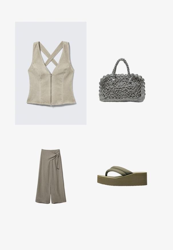 Beige ærmeløs top med frontlynlås og brede krydsede stropper bagpå, lavet af tekstureret stof.; Bredbuksbukser i taupe med højt talje og en stofknude-detalje på højre side.; Olivegrønne platform flip-flops med en bred rem og tekstureret sål, der har en glat overflade og et buet design for komfort.; Grå hæklet håndtaske med bølgekant, blomstermønster i hulbroderi og to flettede håndtag.
