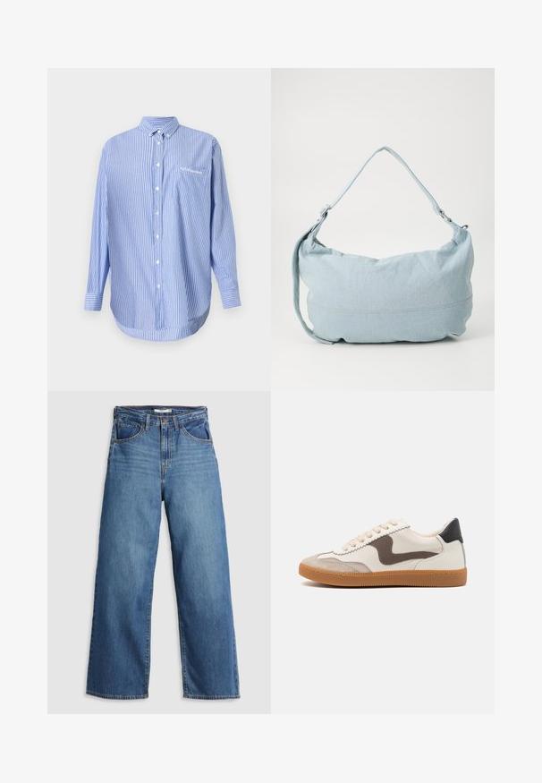 Blå- og hvidstribet skjorte med knaplukning, krave, lange ærmer og en frontlomme. Lavet af et let stof med en glat tekstur.; Blå denim brede jeans med høj talje, der har fem lommer, kontrastsyning og lynlås.; Sneakers med en cremefarvet læderoverdel, en mørkebrun svine læder detalje, beige snørebånd og en gummigummisål; klassisk lavprofil design.; Lysblå denim skuldertaske i en rund form, justerbar rem og diskret syning langs den nederste kant. Blød tekstur.