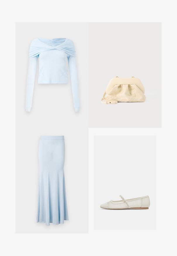 Helles blaues Langarmoberteil mit gerafftem Off-Shoulder-Design und weicher Textur, das einen figurbetonten Schnitt und subtile Nahtdetails aufweist.; Helle blaue Strickrock mit ausgestellt geschnittenem Saum, mittellangem Design und einem gerippten Taillenbund. Glatte Textur, keine sichtbaren Muster oder Akzente.; Elfenbeinfarbener, spitz zulaufender flacher Schuh mit perlenbesetztem Riemen und niedrigem Holzabsatz, Seitenansicht vor hellem Hintergrund.; Handtasche aus cremefarbenem Stoff mit floraler Stickerei, weichem, abgerundetem oberen Rahmen und verstellbarem Riemen, auf einem hellgrauen Hintergrund liegend.