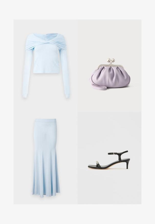 Helles blaues Langarmoberteil mit gerafftem Off-Shoulder-Design und weicher Textur, das einen figurbetonten Schnitt und subtile Nahtdetails aufweist.; Helle blaue Strickrock mit ausgestellt geschnittenem Saum, mittellangem Design und einem gerippten Taillenbund. Glatte Textur, keine sichtbaren Muster oder Akzente.; Schwarze Leder-Sandale mit Absatz und Knöchelriemen, offenem Zehenbereich, quadratischer Vorderseite und silbernen Metallakzenten. Eng anliegendes Design mit schlanker Silhouette.; Weiche Lavendel-Clutch mit gerafftem Stoff, silbernem Kiss-Lock-Verschluss und passendem Handgelenksriemen auf hellem einfarbigem Hintergrund.