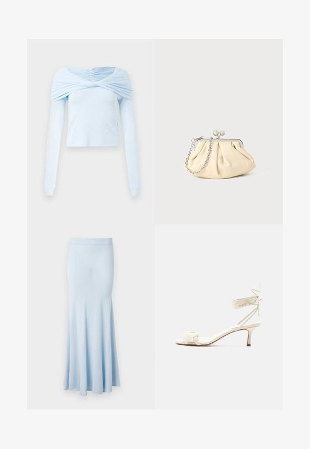 Haut à manches longues bleu clair avec un design froncé dénudé des épaules et une texture douce, présentant un corps ajusté et des détails de couture subtils.; Jupe tricotée bleu clair avec un ourlet évasé, de longueur mi-longue, et une taille côtelée. Texture lisse, sans motifs ni accents visibles.; Sandale à talon bas de couleur crème avec des liens à nouer autour de la cheville et une large bride torsadée sur les orteils, sur un fond blanc uni.; Pochette en cuir beige plissé avec un cadre en métal argenté, dotée de deux fermoirs ronds décoratifs et d'une chaîne en argent.