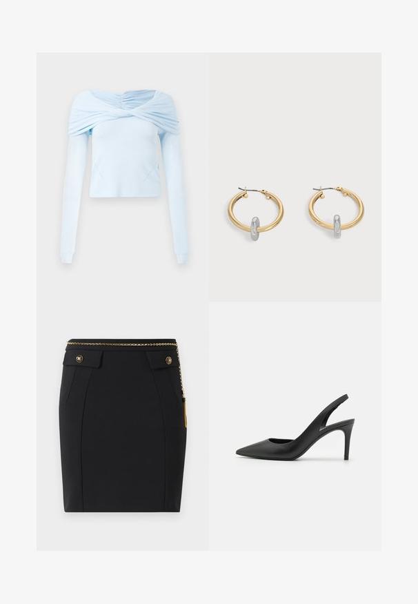 Helles blaues Langarmoberteil mit gerafftem Off-Shoulder-Design und weicher Textur, das einen figurbetonten Schnitt und subtile Nahtdetails aufweist.; Schwarzer, taillierter Rock mit vorderen Klappentaschen, goldenen dekorativen Knöpfen und einem dünnen goldenen Kettengürtel mit einem Quast auf der rechten Seite.; Schwarze Leder Slingback High Heels mit einem spitzen Zehendesign, das an der Vorderseite ein Ausschnitt hat und einen dünnen Stilettoblock. ; Paar goldfarbene Creolen mit kleinem silberfarbenem Schlaufen-Detail an jeder, vor hellem grauem Hintergrund präsentiert.
