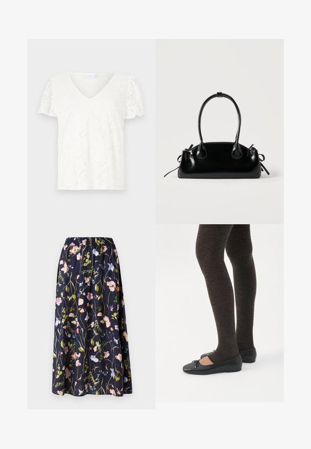 Camiseta blanca de manga corta con escote en V y textura de encaje floral, que presenta un corte ligeramente holgado y un material suave y ligero.; Falda floral en azul marino con una cinturilla elástica, que presenta un estampado de flores rosas, azules y verdes sobre un tejido texturizado.; Piernas con leggings oscuros acanalados combinados con bailarinas negras que presentan pequeños detalles de lazo sobre un fondo blanco.; Pequeño bolso negro brillante con dos asas largas y detalles de cordón lateral sobre un fondo claro liso.