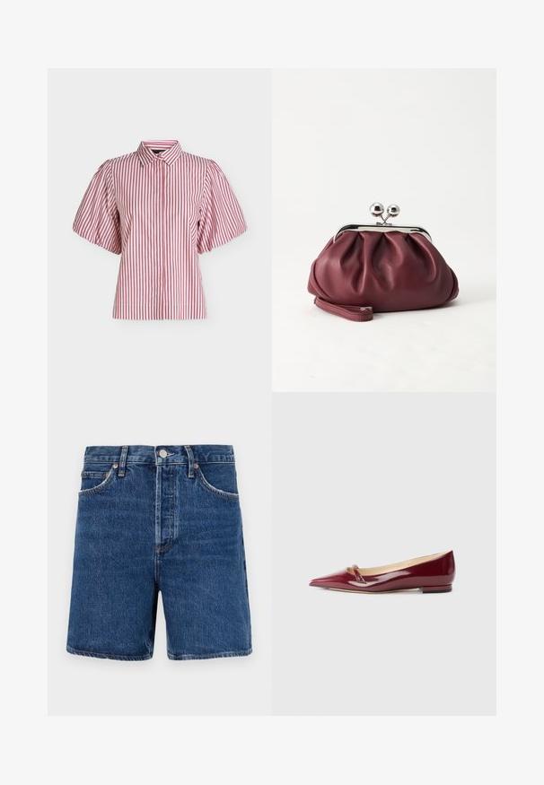 Kurzarmbluse mit vertikalen roten und weißen Streifen, klassischem Kragen und leicht aufgepufften Ärmeln auf einfarbigem Hintergrund.; Dunkelblaue Denim-Shorts im klassischen Schnitt, ausgestattet mit fünf Taschen, einem Knopfverschluss und kontrastierenden orangen Nähten.; Burgunderfarbene Lacklederballerinas mit spitzem Zehenbereich, ausgestattet mit einem kleinen Ausschnitt und einem niedrigen Absatz. Glatte Textur und elegantes Design.; Kleine burgunderrote Lederclutch mit silbernem Metallverschluss und Handgelenksriemen auf weißem Hintergrund.
