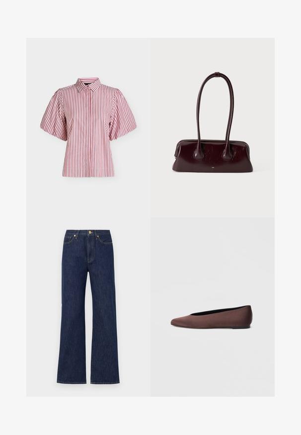 Kortærmet bluse med lodrette røde og hvide striber, en klassisk krave og let puffede ærmer på en ensfarvet baggrund.; Mørkeblå vidde jeans lavet af denim. Har en knaplukning, forlommer og kontrasterende syninger. Ren, klassisk design.; Brune balletflade sko i stof med spids tå og glat tekstur, med lav hælkappe og tynd sort sål. Ingen synlige mønstre eller beslag.; Mørkebrunt blankt læderhåndtaske med lange, tynde håndtag og en struktureret rektangulær bund på en ensfarvet lys baggrund.