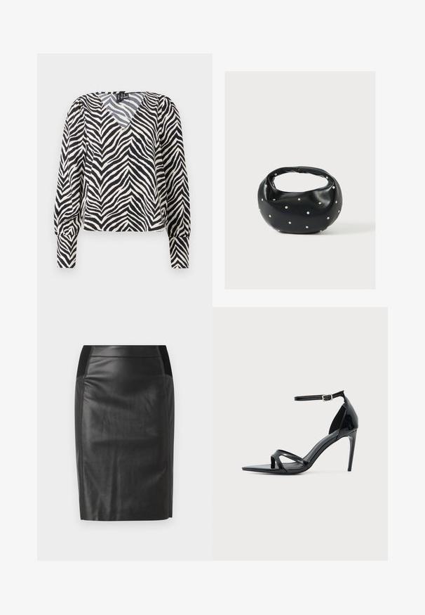 Bluse mit Zebramuster, V-Ausschnitt, in Schwarz und Creme, langen Ärmeln und leicht verkürztem Design. Mit elastischen Bündchen und weichem Material.; Schwarzer Leder-Bleistiftrock mit einer taillierten Passform, glatter Textur und elastischen Taillenbund-Akzenten an beiden Seiten. Flacher Saum am unteren Ende.; Schwarze Sandale aus Lackleder mit hohem Absatz, dünnem Knöchelriemen, offenem Zehenbereich und minimalistischem Design auf hellem, einfarbigem Hintergrund.; Schwarze Lederhandtasche mit abgerundeter Form, verziert mit silbernen Nietenakzenten und kurzem Griff. Glatte Struktur und Reißverschlussverschluss.