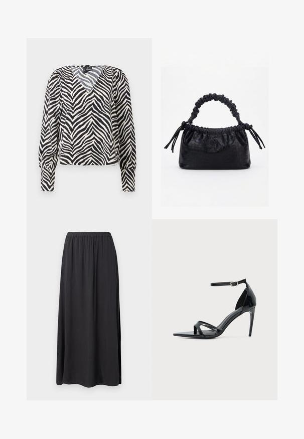 Zebra-mønstret bluse med V-hals, sort og creme farver, lange ærmer og en let cropped design. Har elastiske manchetter og en blød tekstur.; Sort maxiskørt lavet af blødt, flydende stof. Har en elastisk talje og sideslidser, hvilket giver en afslappet pasform og silhuet.; Sort laklædersandal med høje hæle, tynd ankelrem, åben tå og minimalistisk design på en ensfarvet lys baggrund.; Sort taske med krokodilletekstur, rynket øverste kant, samlet hank og snore med kvaster på hver side mod en hvid baggrund.