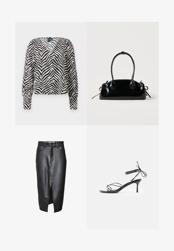 Zebra-mønstret bluse med V-hals, sort og creme farver, lange ærmer og en let cropped design. Har elastiske manchetter og en blød tekstur.; Sorte lædernederdel med en mellemlang design, der har en frontslids, klassiske bæltesløjfer og syede detaljer langs sømmene.; Sort højhælet sandal med tynde stropper omkring anklen og en mellemhøj stilethælt på en hvid baggrund.; Lille sort blank håndtaske med to lange håndtag og snøre-detaljer i siden på en ensfarvet lys baggrund.