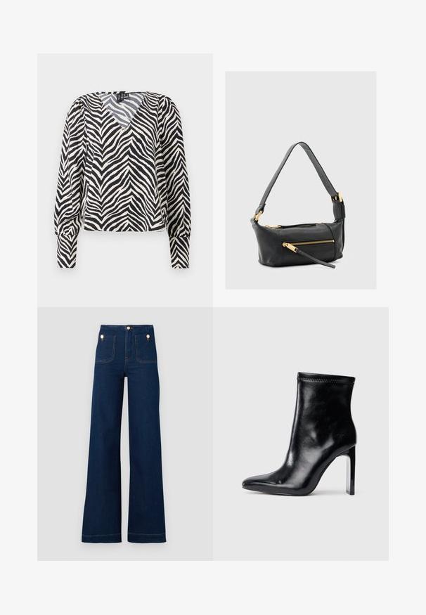 Bluse mit Zebramuster, V-Ausschnitt, in Schwarz und Creme, langen Ärmeln und leicht verkürztem Design. Mit elastischen Bündchen und weichem Material.; Dunkelblaue, weit geschnittene Jeans mit hoher Taille, goldenen Knopf-Akzenten, zwei Taschen vorne und hinten sowie kontrastierenden Nähdetails. Texturiertem Denim-Stoff.; Schwarze Lederstiefelette mit spitzem Zeh und hohem, transparentem Absatz. Glatte Oberfläche und minimales Nähdetail an der Oberseite.; Schwarze Leder-Umhängetasche mit zwei Reißverschlusstaschen, goldfarbenen Beschlägen und einem breiten, verstellbaren Riemen. Glatte Textur und rechteckige Form.