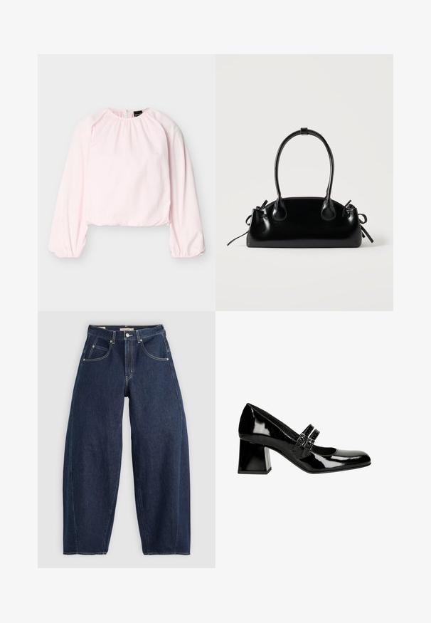 Lichtroze blouse met lange mouwen, geplooide halslijn en elastische manchetten, cropped zoom en ritssluiting aan de achterkant.; Donkerblauwe denim jeans met een losse fit, lichte stiksels, vijf zakken en een knoopsluiting op de taille.; Zwarte gepatineerde leren Mary Jane hakken met een vierkante neus, twee gesp straps en een chunky hak. Soepele textuur met een glanzende afwerking.; Kleine zwarte glanzende handtas met twee lange hengsels en zijkant trekkoord details op een effen lichte achtergrond.