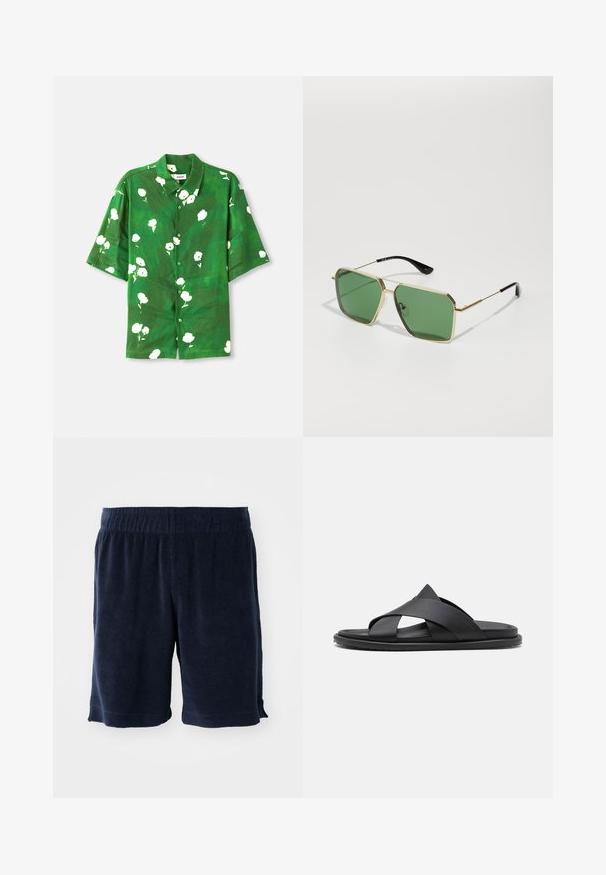 Chemise à manches courtes en tissu vert avec un imprimé floral blanc, dotée d'un col camp et d'une coupe décontractée. Matériau texturé et léger.; Shorts en éponge bleu marine avec taille élastique, longueur au genou et poches latérales. Texture douce et design simple.; Stuart Weitzman BERKLEY - Mules - black; Lunettes de soleil en métal doré avec des verres verts, de forme géométrique, et des embouts de branches en plastique noir. Construction légère avec des accents subtils.