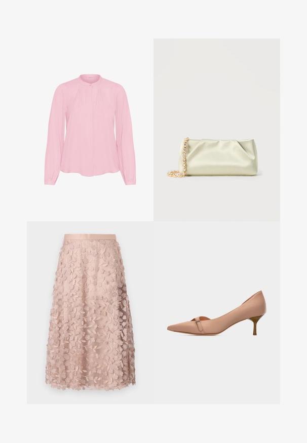 Lichtroze blouse met lange mouwen, ronde kraag, knoopsluiting aan de voorkant en subtiele plooien bij de halslijn, gemaakt van gladde stof.; Lace midi-rok in zacht roze met bloemborduursels, voorzien van een aansluitende tailleband en gelaagd ontwerp, wat een delicate textuur benadrukt.; Beige pump met puntige neus, lage naaldhak en een klein riempje, afgebeeld op een effen witte achtergrond.; Zacht lichtgroene satin clutch tas met gouden en kristallen kettingriem, rechthoekige vorm met zachte plooien op een effen achtergrond.