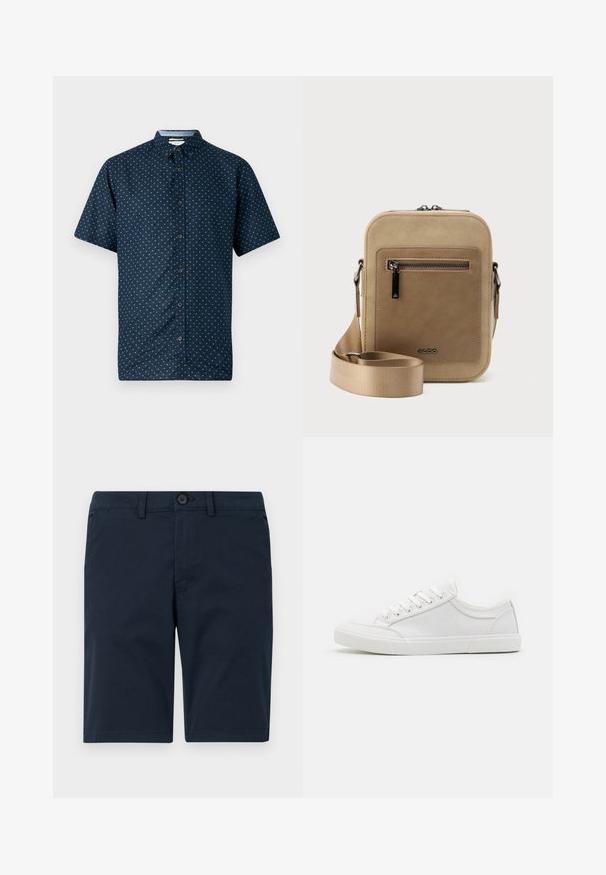 Korte ærmer navy knap-op skjorte med et lille hvidt bladmønster, krave og mørke knapper. Fremstillet af letvægtsstof, glat tekstur.; Marineblå shorts lavet af en blanding af bomuldsstof, med knaplukning, bæltesløjfer og lige kant med minimal detaljer.; Hvide sneakers med en glat læderoverdel, rund tå, flad gummisål og seks øjestik til snørebånd. Subtile syninger og minimalistisk design.; Lille beige crossbody-taske med lynlåslomme foran, metal ALDO-logo, justerbar bred rem og rundet rektangulær form på hvid baggrund.