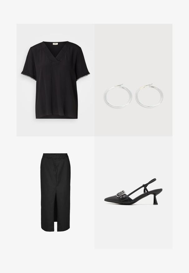 Blusa negra de manga corta con escote en V, con detalles de encaje en las mangas, fabricada en tejido suave y con un diseño de corte relajado.; Falda midi negra con una abertura frontal, confeccionada en una tela ligera. Presenta una línea de cintura clásica y sutiles bolsillos laterales.; Simmi London DALA - Tacones - black; Pareja de pendientes de aro plateados brillantes con cierres de alambre delgado, mostrados sobre un fondo gris claro.