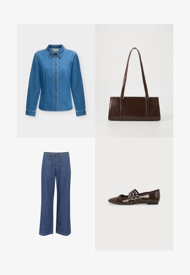 Blauw denim overhemd met lange mouwen, knoopsluiting aan de voorkant, puntige kraag en gestikte naden.; Denim wijde pijpen broek met een trekkoord in de taille, in een middelblauwe kleur, rechte snit en subtiele stikseldetails.; Bruine lakleren platte schoen met puntige neus en drie verstelbare gespen aan de zijkant, gezien vanaf de buitenkant.; Bruine lakleren handtas met een rechthoekige vorm, twee lange handvatten en subtiele gebogen accenten aan de voorkant.