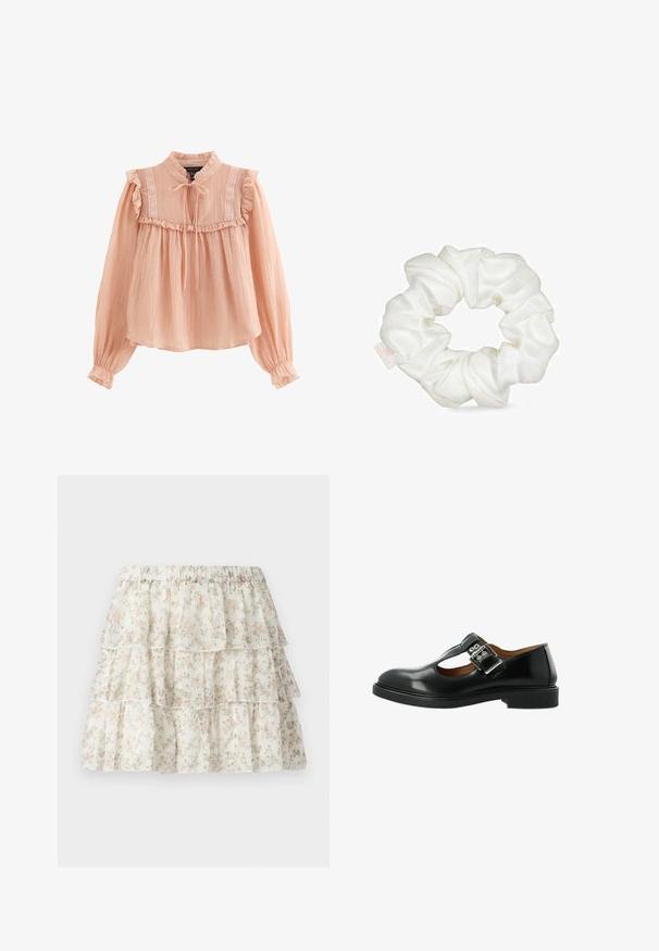 Hellrosa langärmlige Bluse mit Rüschen an Schultern und Bündchen, Spitzenbesatz, hohem Kragen und einer Schleifenbindung vorne.; Weiße Rock mit einem geschichteten, rüschenden Design. Besitzt ein zartes Blumenmuster in Pink und Grün. Elastischer Bund für Komfort.; Schwarze Leder-Mary-Jane-Schuhe mit einem T-Riemen, silbernem Schnallen-Detail, abgerundeter Zehenpartie und flacher Sohle. Glatte Textur mit polierter Oberfläche.; Weißes Satin-Haargummi mit einem strukturierten, gerafften Design, das eine nahtlose runde Form aufweist und mit einem kleinen Etikett versehen ist.