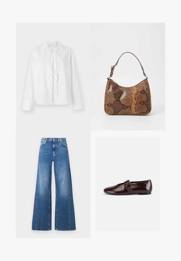Hvid langærmet skjorte lavet af glat stof har en knap-ned krave, front-tying lukning og manchetter. Enkel og ren design.; Bredde ben blå denim jeans med høj talje, der har forlommer og et falmet udseende, lavet af bomuld med en glat tekstur.; Mørkebrun laklædersko med stor guldlås og rund tå, vist i sideprofil på hvid baggrund.; Lille håndtaske med brun og sort slangeskinn mønster, kort justerbar rem og lynlåslukning.