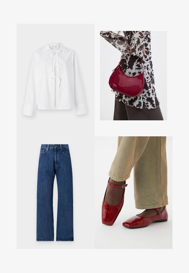 Valge pika varrukaga särk, mis on valmistatud siledast kangast, sisaldab nööpidega kaelust, ees oleva sidumist ja mansettidega varrukaid. Lihtne ja puhas disain.; Laia siniste denim'i teksad, millel on kulunud pesu. Neil on nupukinnitus, vöölõngad ja viis taskut hoiustamiseks.; Punase läikivad nahkinga, millel on ruudukujuline nina, madal konts ja pahkluustrapp, koos helesiniste laiade teksadega. Siledat tekstuuri, peegelduv pind.; Naine, kes kannab must-valget mustriga pluusi ja hoiab läikivat punast õlakotti ühevärvilise tausta ees.