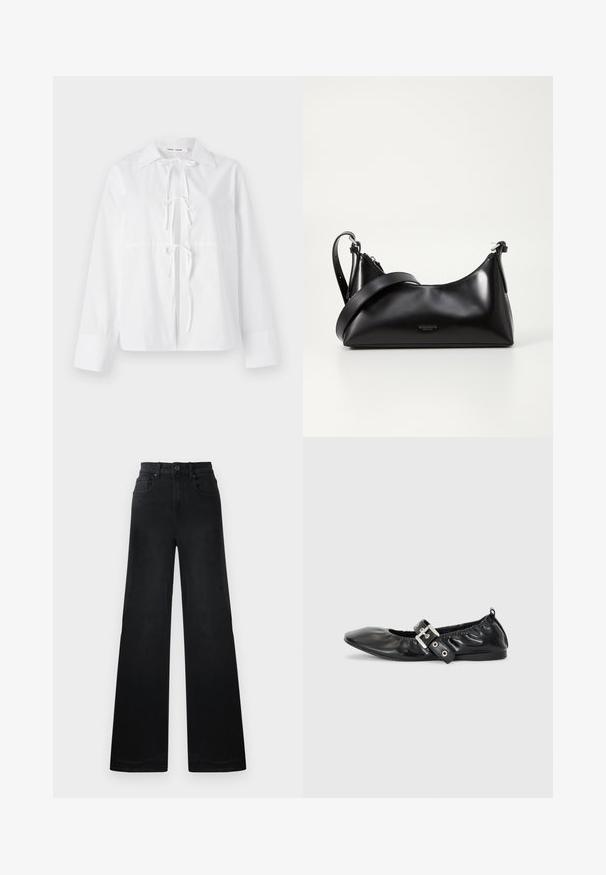 Camisa blanca de manga larga hecha de tejido suave, con cuello tipo botón, cierre frontal con lazo y mangas con puños. Diseño simple y limpio.; Pantalones de mezclilla negros de pernera ancha con cintura ajustada, que cuentan con trabillas para el cinturón, bolsillos delanteros y traseros, y una textura suave.; Zapato plano de piel negra con puntera afilada, detalle fruncido alrededor de la abertura y un acento de hebilla plateada en la correa ajustable.; Bolso de mano de cuero negro con una textura suave. Cuenta con una correa ajustable y un diseño elegante y minimalista con cierre de cremallera.